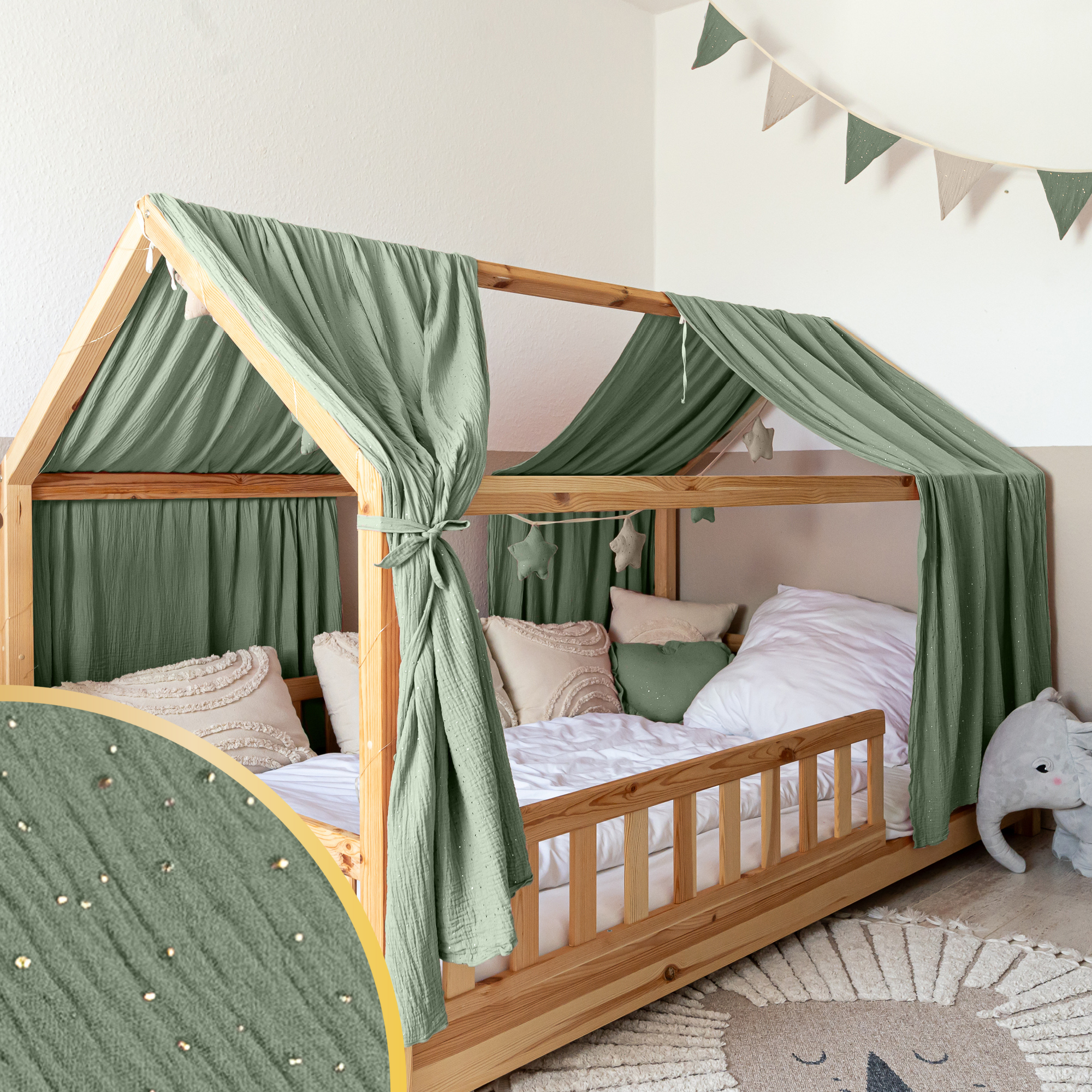 SPARSET: Hausbett Himmel Typ B Betthimmel mit Goldapplikation + Wimpel-/Sternenkette ab