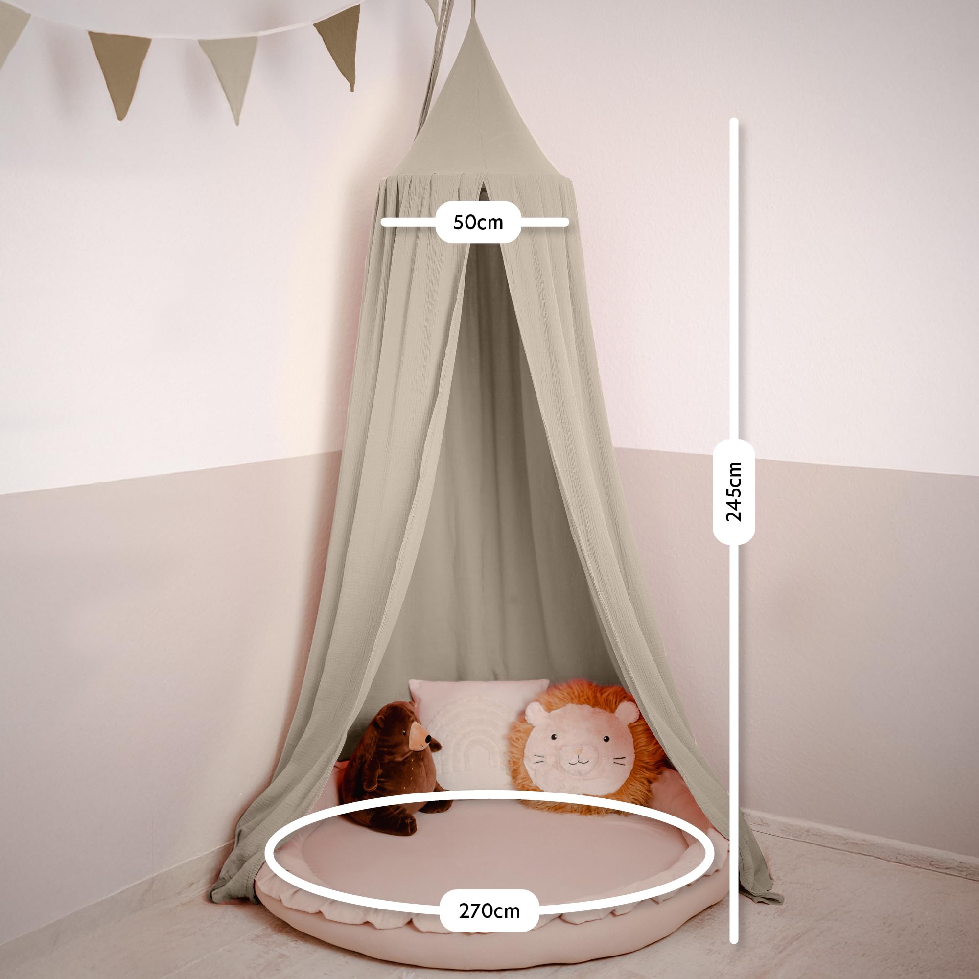 Baldachin Hellbeige / ohne Goldapplikation – Musselin Betthimmel fürs Kinderzimmer LILIMAUS