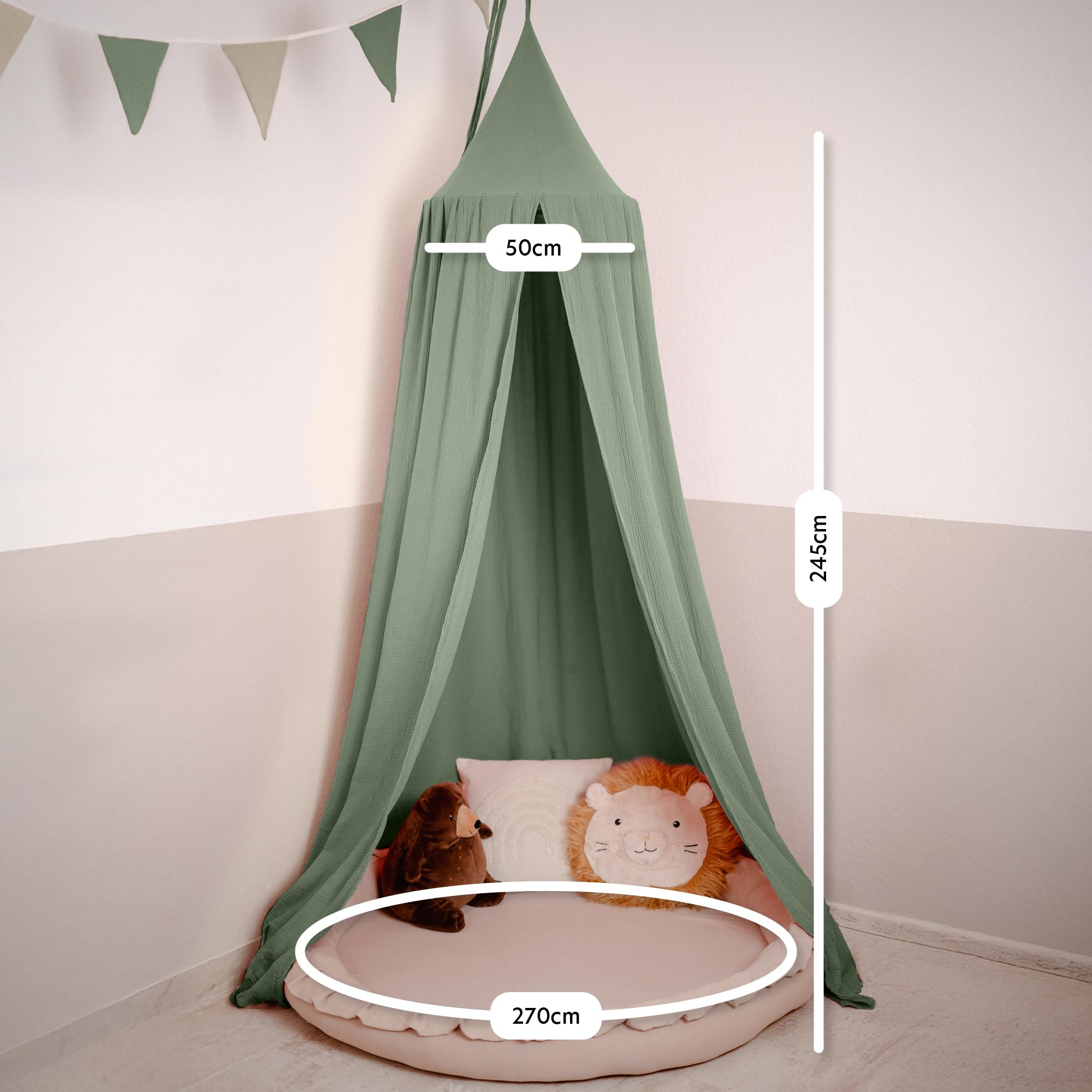 Baldachin Eukalyptus / ohne Goldapplikation – Musselin Betthimmel fürs Kinderzimmer LILIMAUS