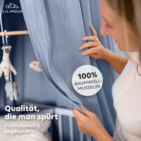 Baldachin Blau / mit Goldapplikation – Musselin Betthimmel mit Goldapplikation fürs Kinderzimmer LILIMAUS