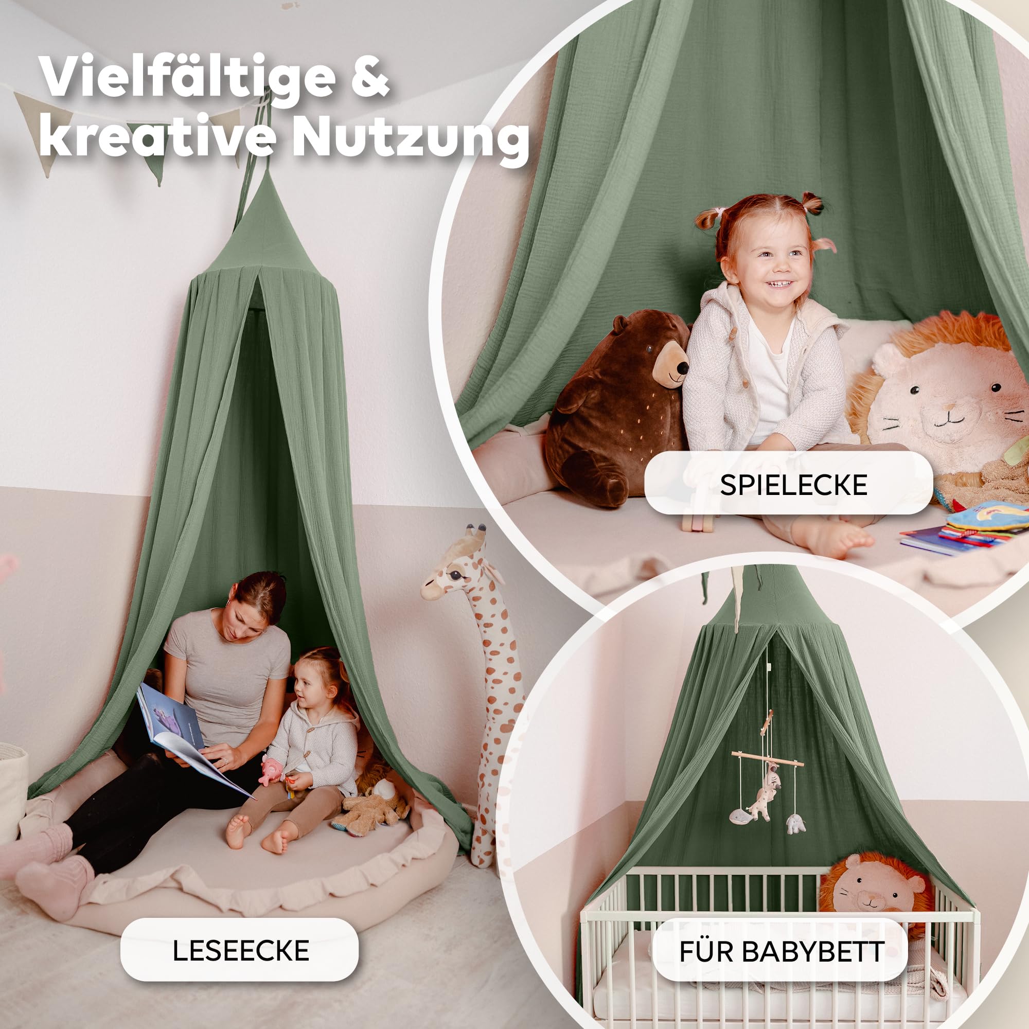 Baldachin Eukalyptus / ohne Goldapplikation – Musselin Betthimmel fürs Kinderzimmer LILIMAUS