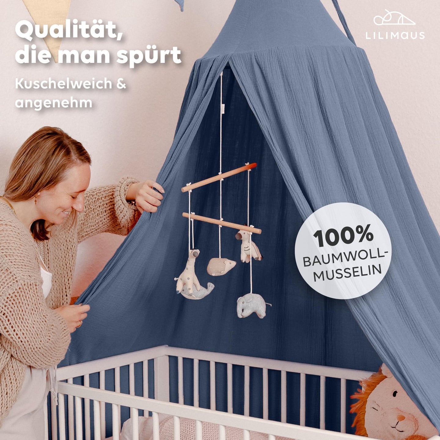 Baldachin Blau / ohne Goldapplikation – Musselin Betthimmel fürs Kinderzimmer LILIMAUS