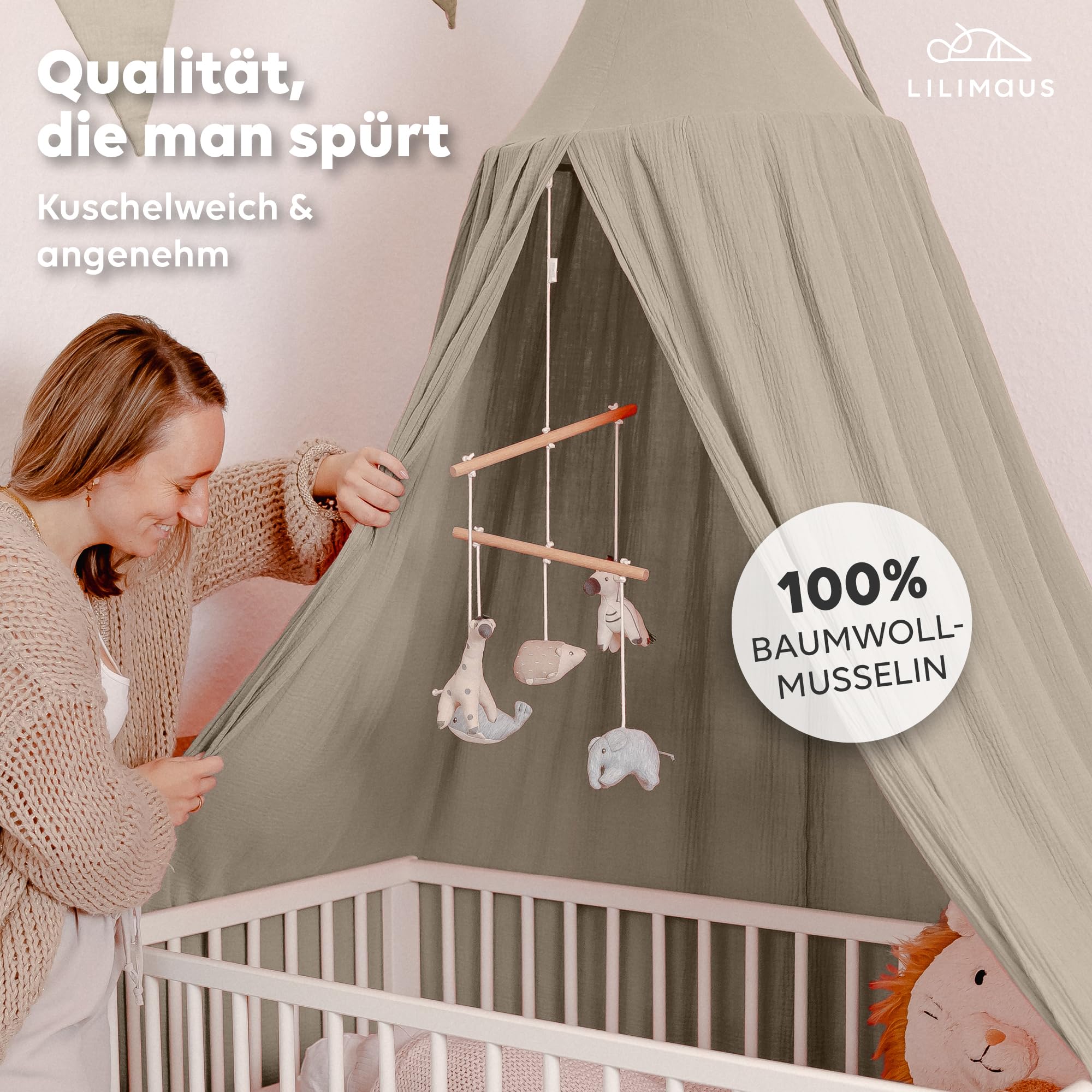 Baldachin Hellbeige / ohne Goldapplikation – Musselin Betthimmel fürs Kinderzimmer LILIMAUS