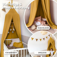 Baldachin Senfgelb / mit Goldapplikation – Musselin Betthimmel mit Goldapplikation fürs Kinderzimmer LILIMAUS