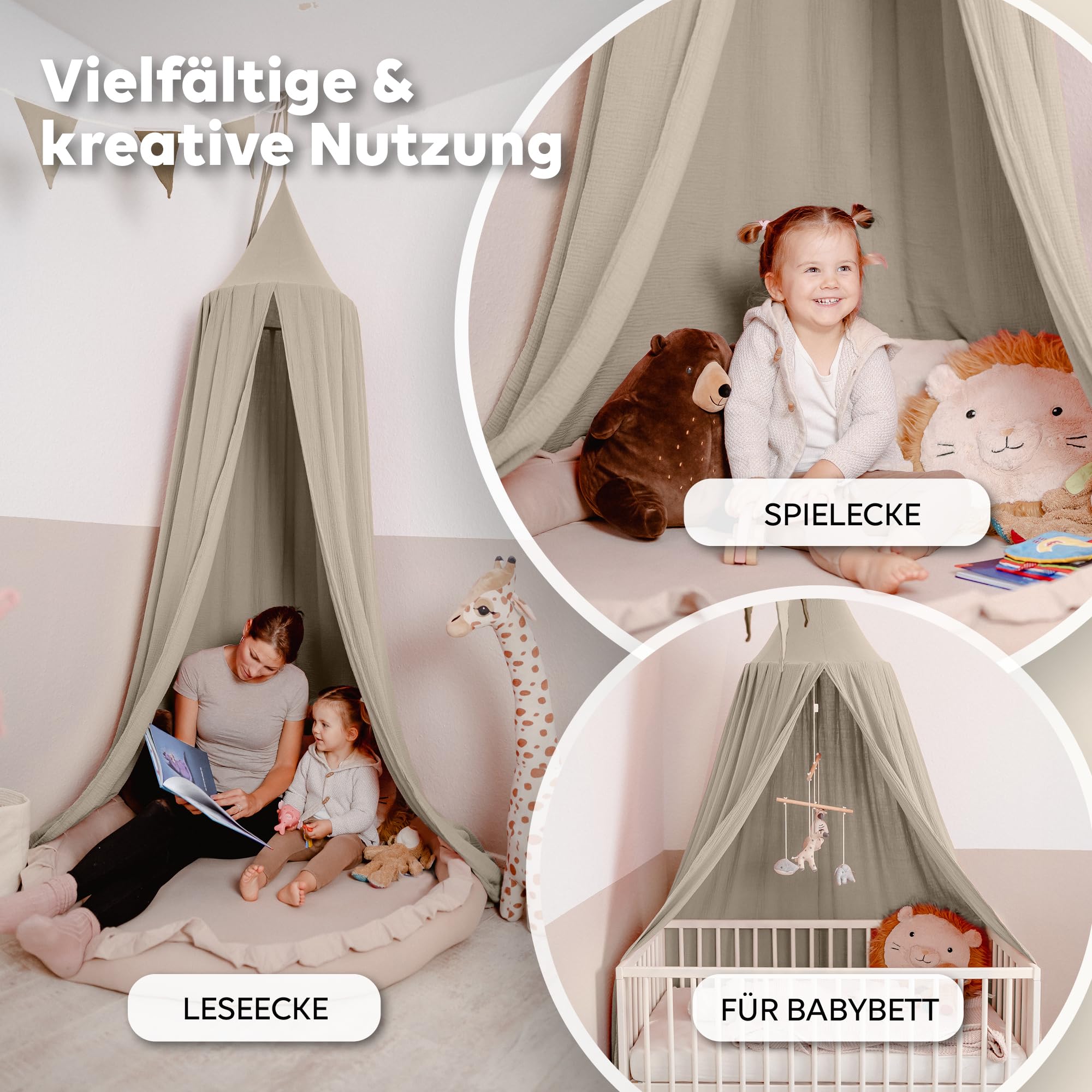 Baldachin Hellbeige / ohne Goldapplikation – Musselin Betthimmel fürs Kinderzimmer LILIMAUS