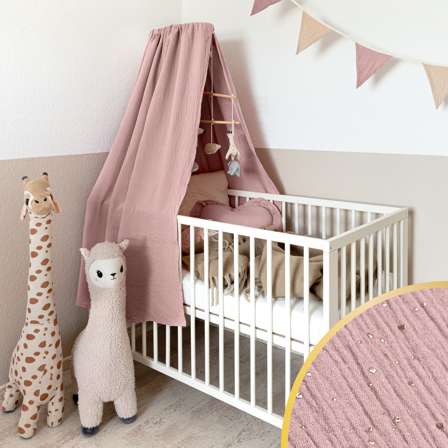 SPARSET: Babybett Himmel mit Goldapplikation + Wimpel-/Sternenkette ab