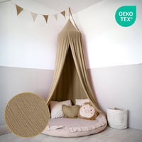 Baldachin Dunkelbeige / mit Goldapplikation – Musselin Betthimmel mit Goldapplikation fürs Kinderzimmer LILIMAUS