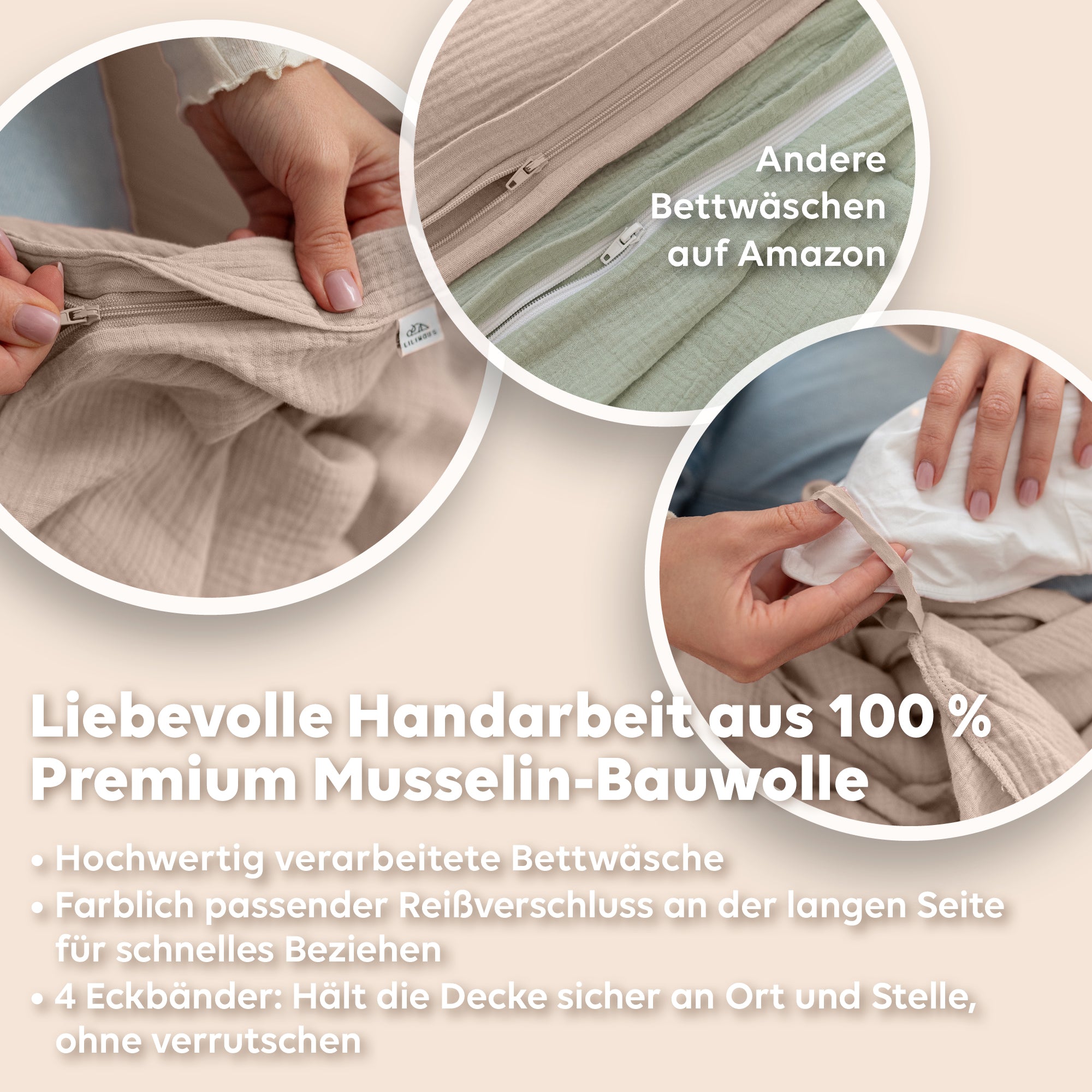 Beigerosa / 200x200 + 2x Kissen 80x80 200x220 + 2x Kissen 80x80 220x240 + 2x Kissen 80x80 135x200 + 1 Kissen 80x80 155x220 + 1 Kissen 80x80