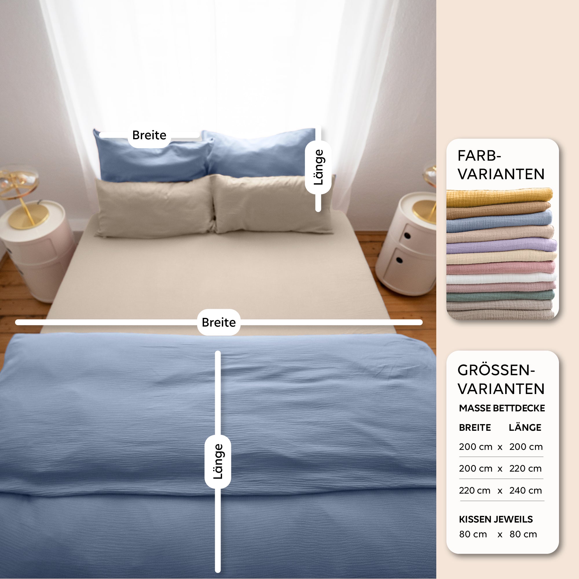 Blau / 135x200 + 1 Kissen 80x80 155x220 + 1 Kissen 80x80