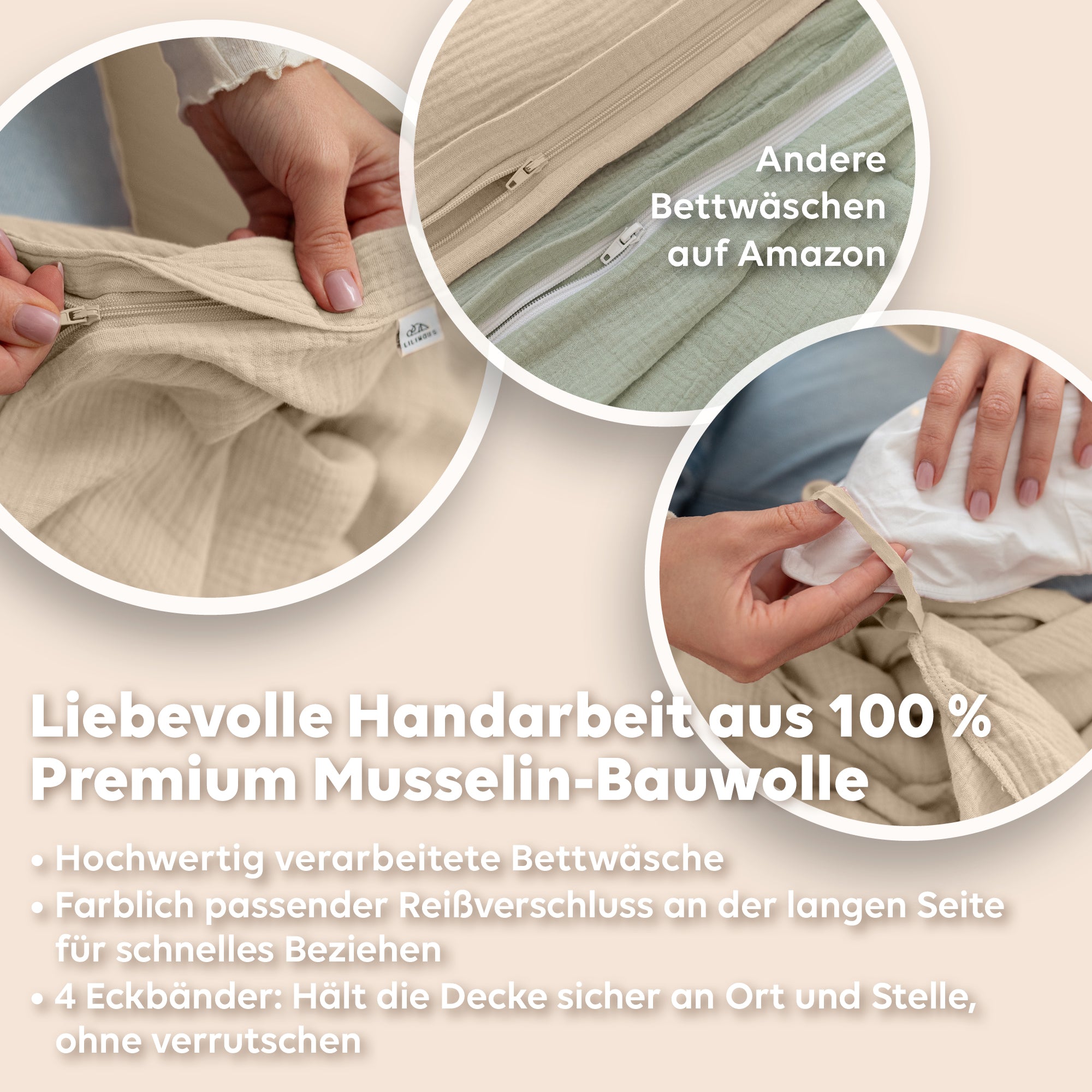 Creme / 200x200 + 2x Kissen 80x80 200x220 + 2x Kissen 80x80 220x240 + 2x Kissen 80x80 135x200 + 1 Kissen 80x80 155x220 + 1 Kissen 80x80