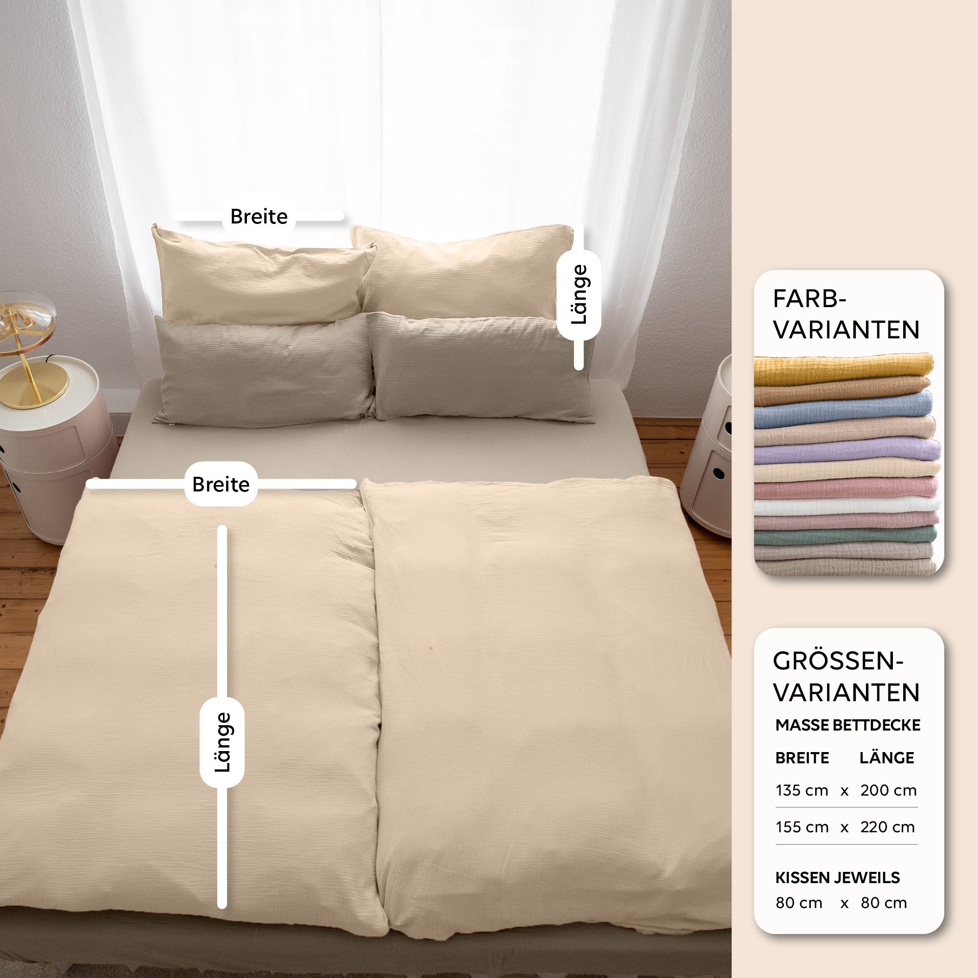 Creme / 200x200 + 2x Kissen 80x80 200x220 + 2x Kissen 80x80 220x240 + 2x Kissen 80x80