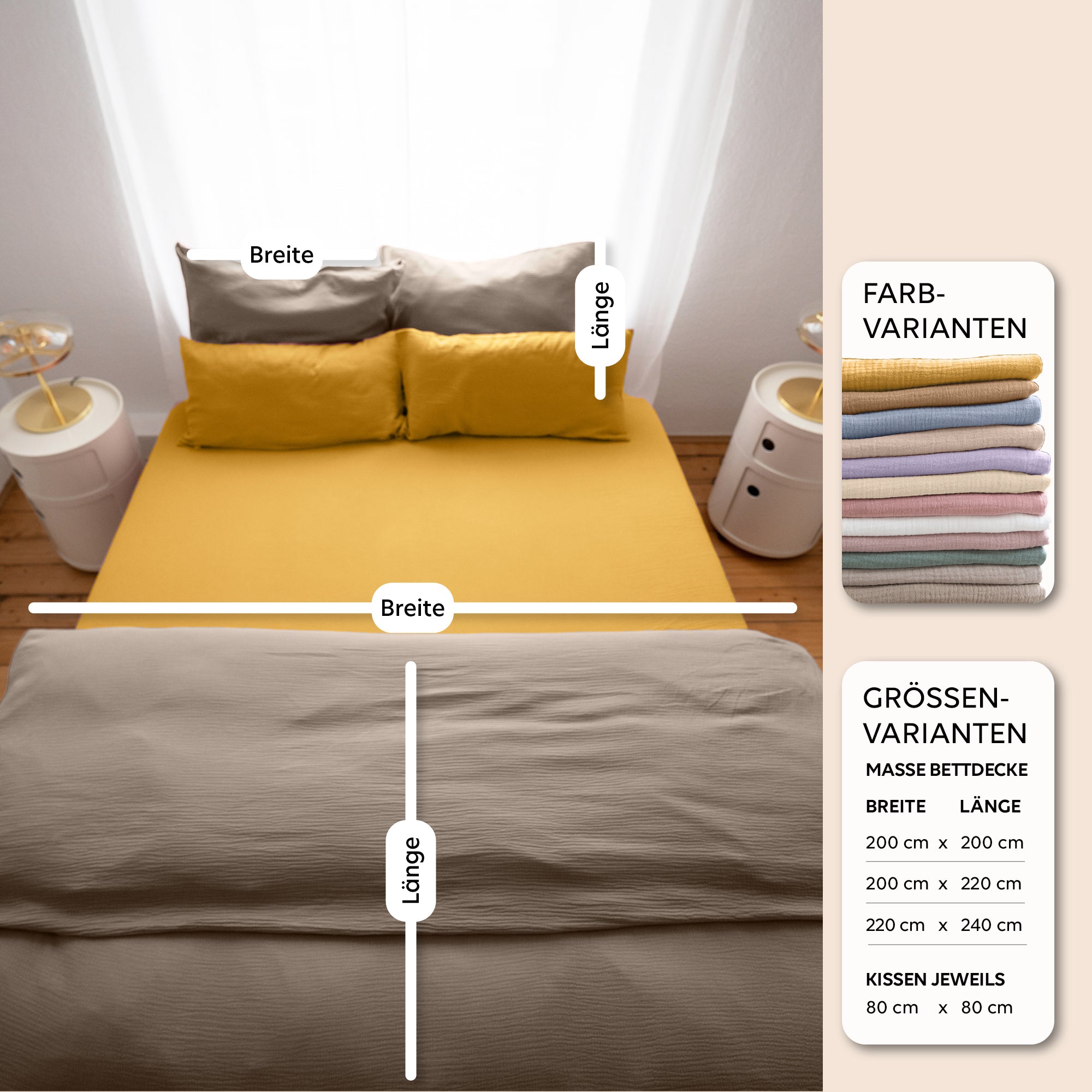 Hellbeige & Dunkelbeige / 200x200 + 2x Kissen 80x80 200x220 + 2x Kissen 80x80 220x240 + 2x Kissen 80x80