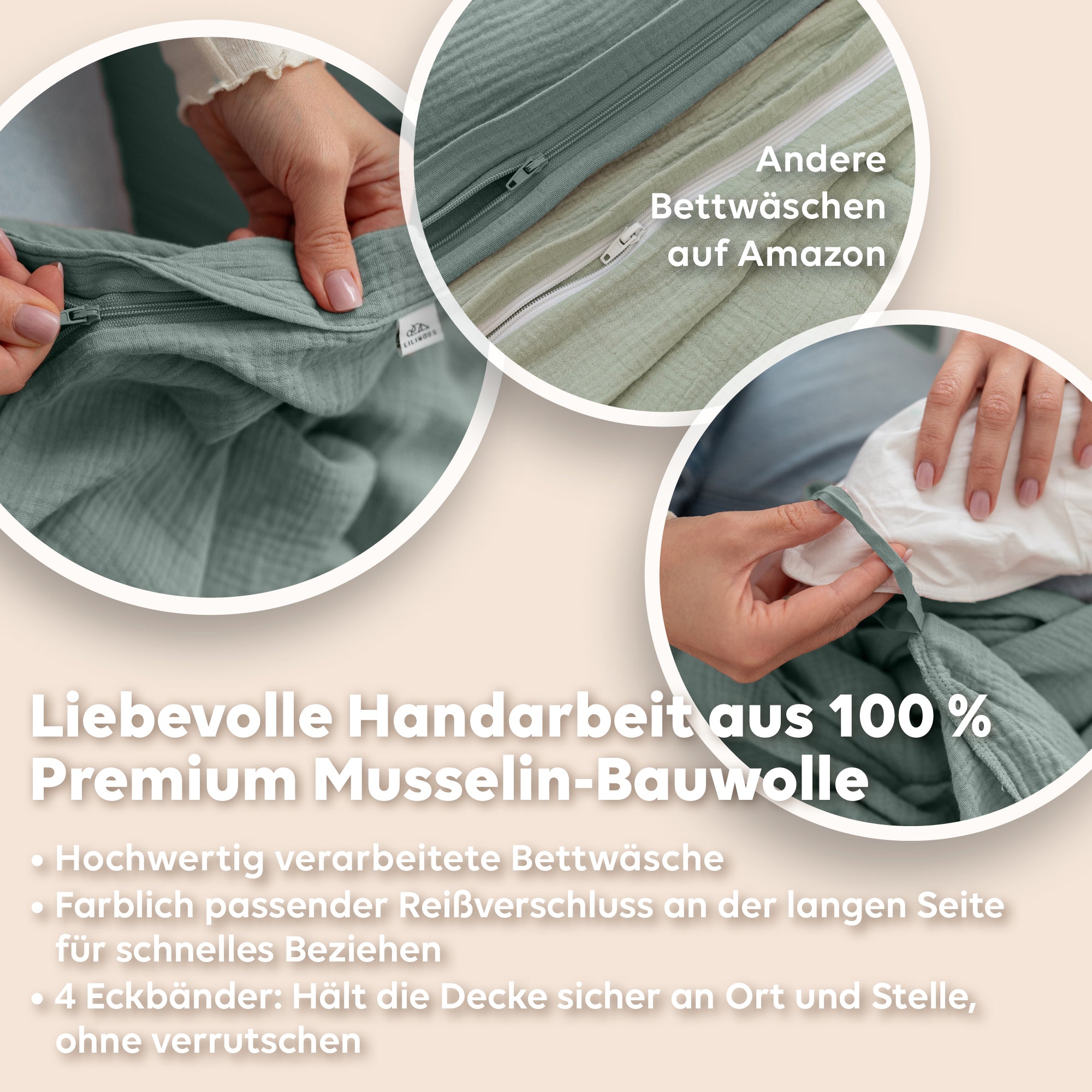 Eukalyptus / 200x200 + 2x Kissen 80x80 200x220 + 2x Kissen 80x80 220x240 + 2x Kissen 80x80 135x200 + 1 Kissen 80x80 155x220 + 1 Kissen 80x80