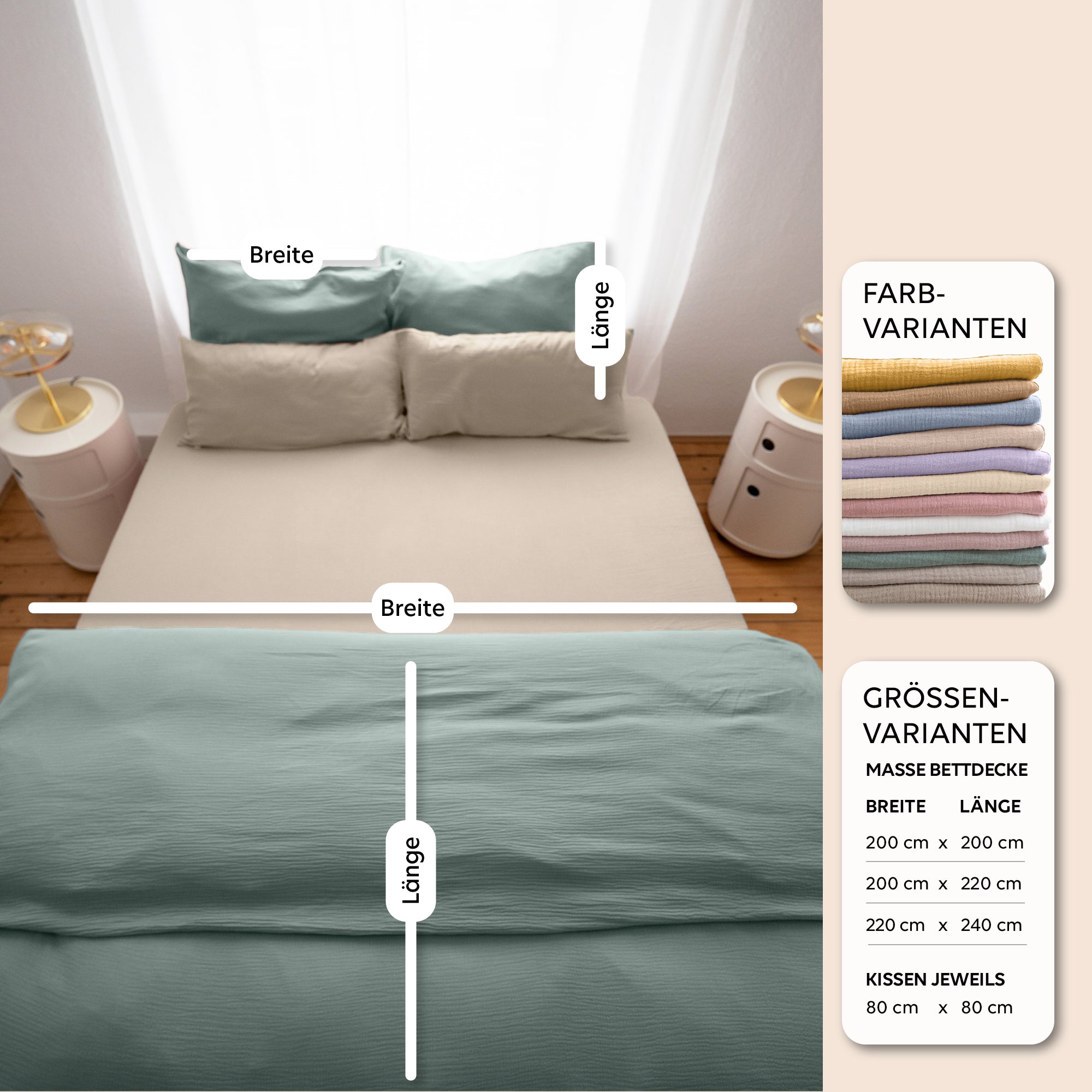 Hellbeige & Eukalyptus / 200x200 + 2x Kissen 80x80 200x220 + 2x Kissen 80x80 220x240 + 2x Kissen 80x80
