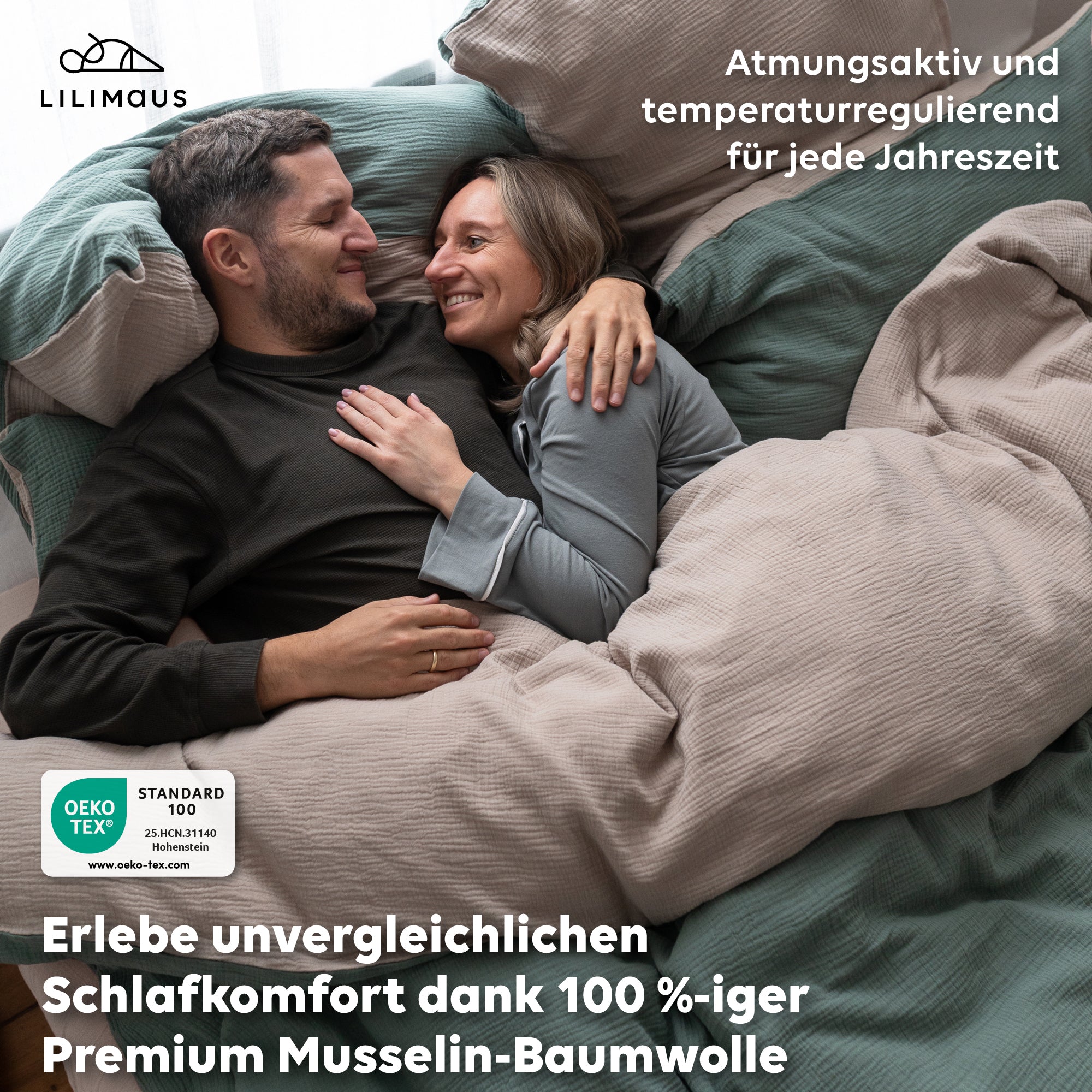 Hellbeige & Eukalyptus / 200x200 + 2x Kissen 80x80 200x220 + 2x Kissen 80x80 220x240 + 2x Kissen 80x80 135x200 + 1 Kissen 80x80 155x220 + 1 Kissen 80x80