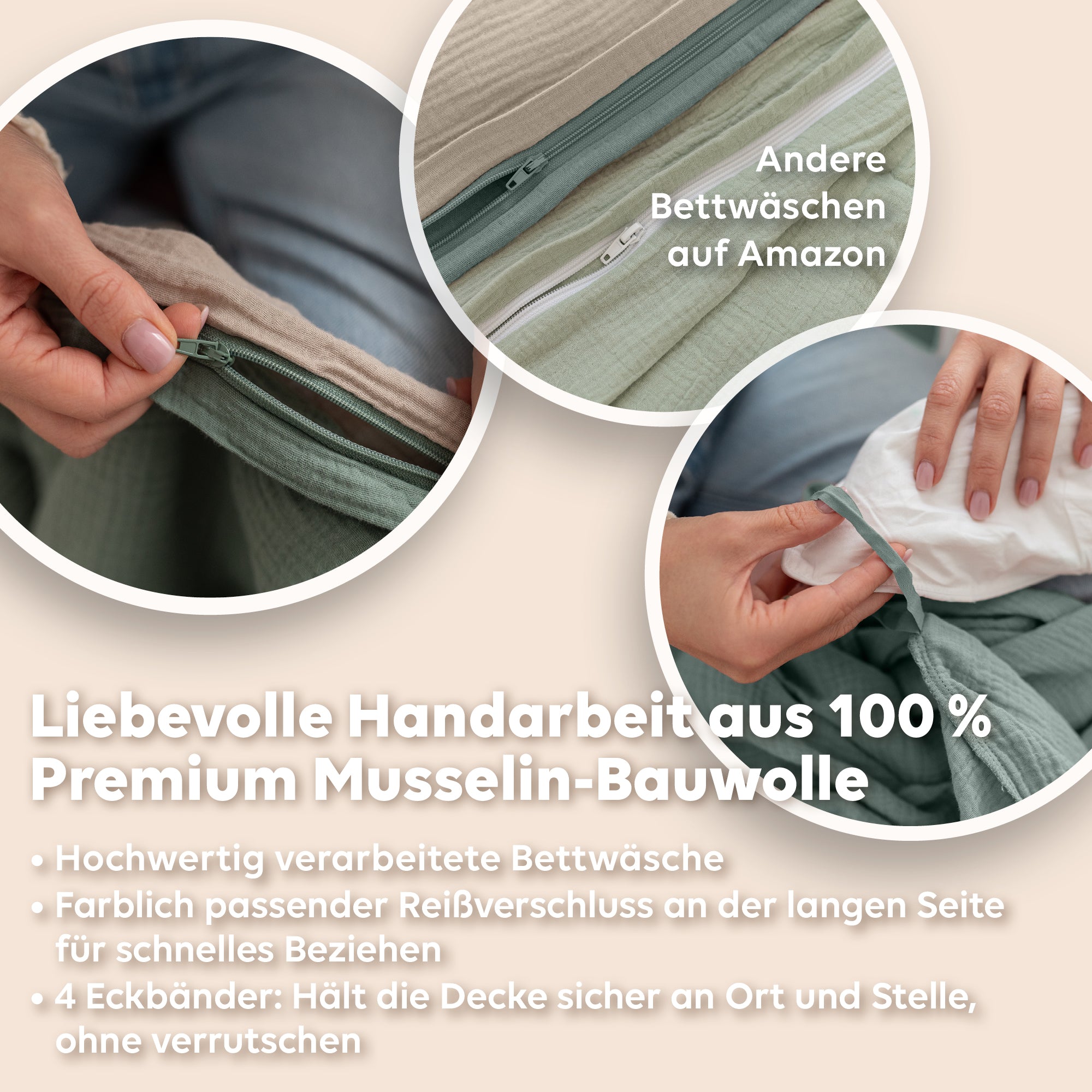 Hellbeige & Eukalyptus / 200x200 + 2x Kissen 80x80 200x220 + 2x Kissen 80x80 220x240 + 2x Kissen 80x80 135x200 + 1 Kissen 80x80 155x220 + 1 Kissen 80x80