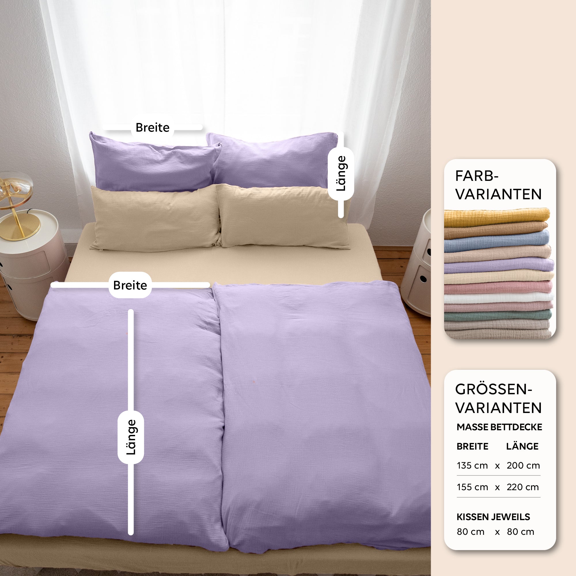 Flieder / 200x200 + 2x Kissen 80x80 200x220 + 2x Kissen 80x80 220x240 + 2x Kissen 80x80