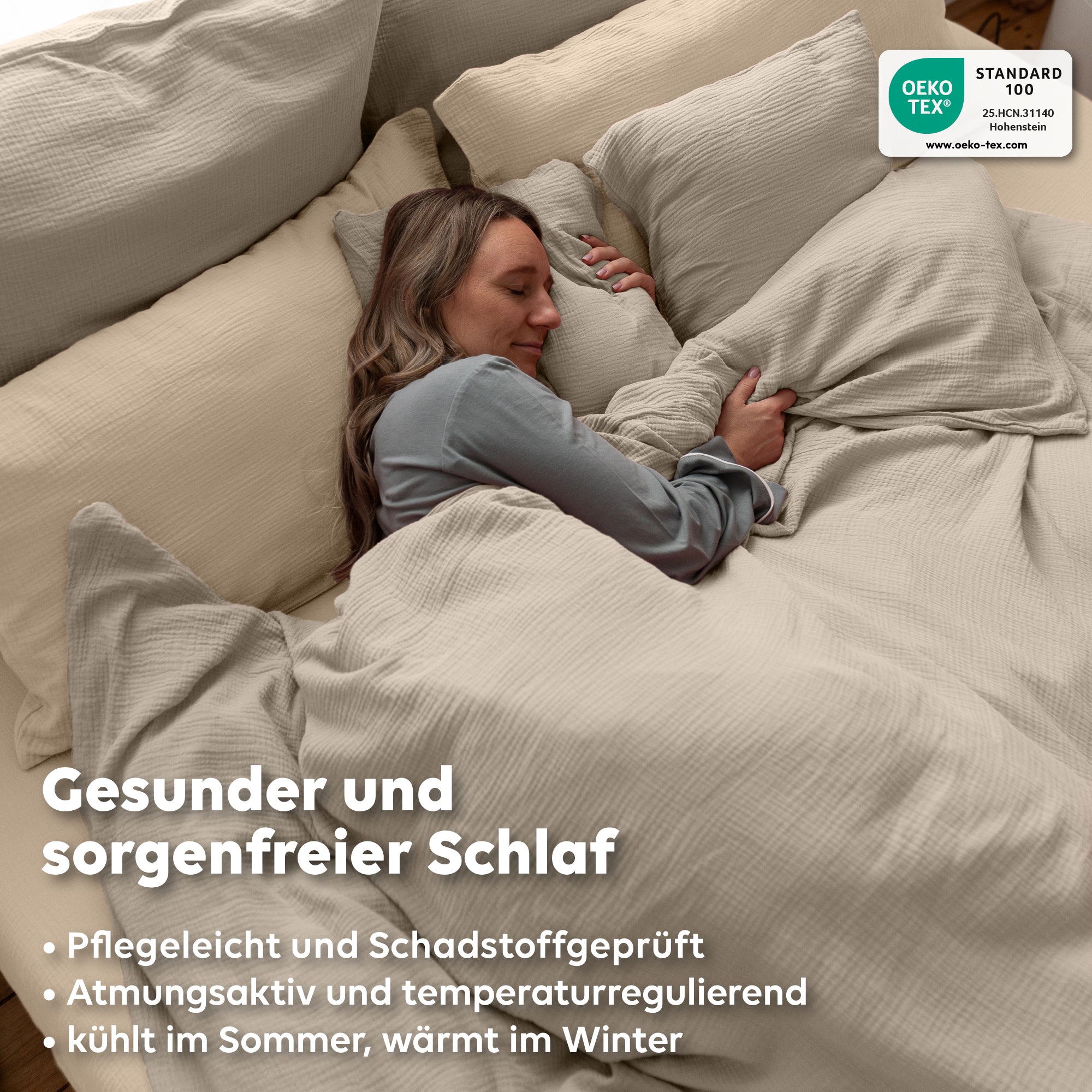 Hellbeige / 200x200 + 2x Kissen 80x80 200x220 + 2x Kissen 80x80 220x240 + 2x Kissen 80x80 135x200 + 1 Kissen 80x80 155x220 + 1 Kissen 80x80