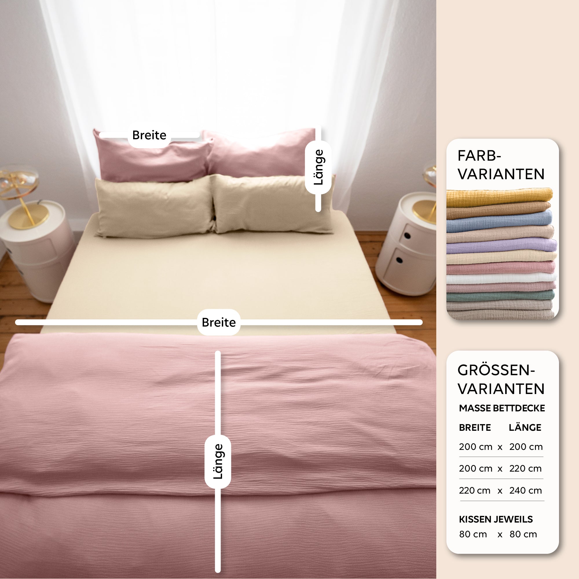 Puderrosa & Altrosa / 200x200 + 2x Kissen 80x80 200x220 + 2x Kissen 80x80 220x240 + 2x Kissen 80x80