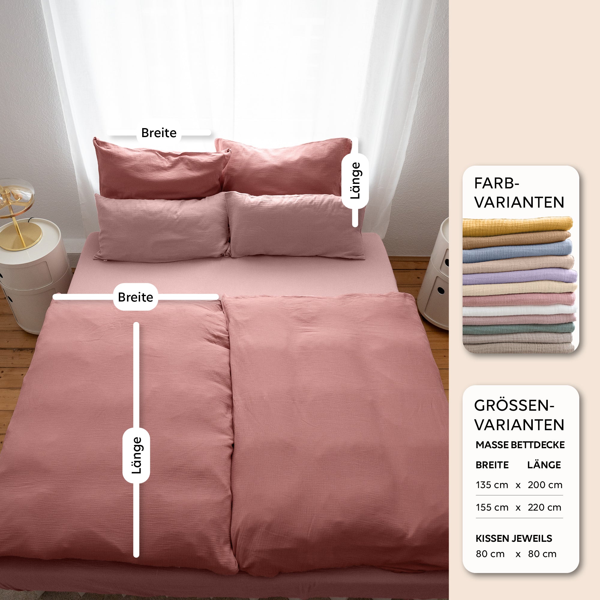 Altrosa / 200x200 + 2x Kissen 80x80 200x220 + 2x Kissen 80x80 220x240 + 2x Kissen 80x80