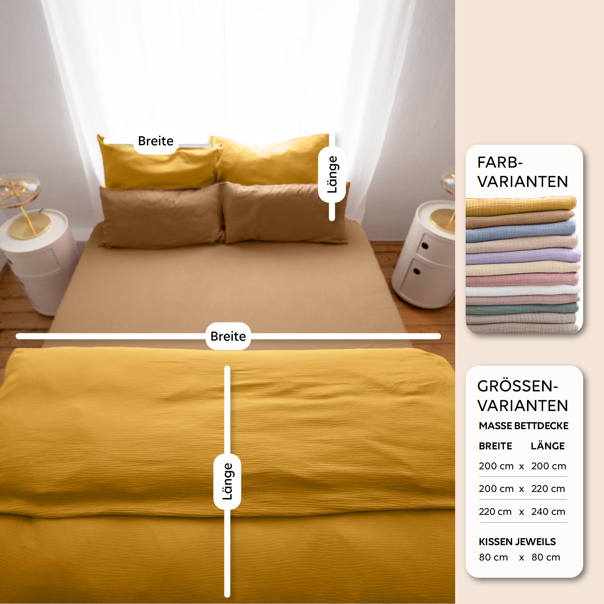 Senfgelb / 135x200 + 1 Kissen 80x80 155x220 + 1 Kissen 80x80