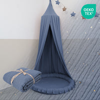 Baldachin Blau / mit Goldapplikation – Musselin Betthimmel mit Goldapplikation fürs Kinderzimmer LILIMAUS