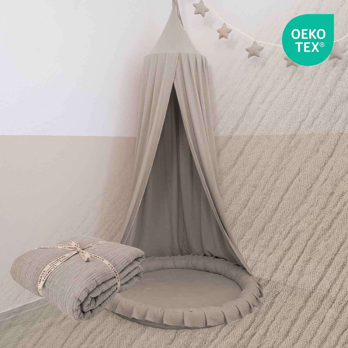 Baldachin Hellbeige / ohne Goldapplikation – Musselin Betthimmel fürs Kinderzimmer LILIMAUS