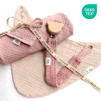 Baby Erstausstattung Set aus Musselin – Spucktücher, Dreieckstuch & Schnullerkette
