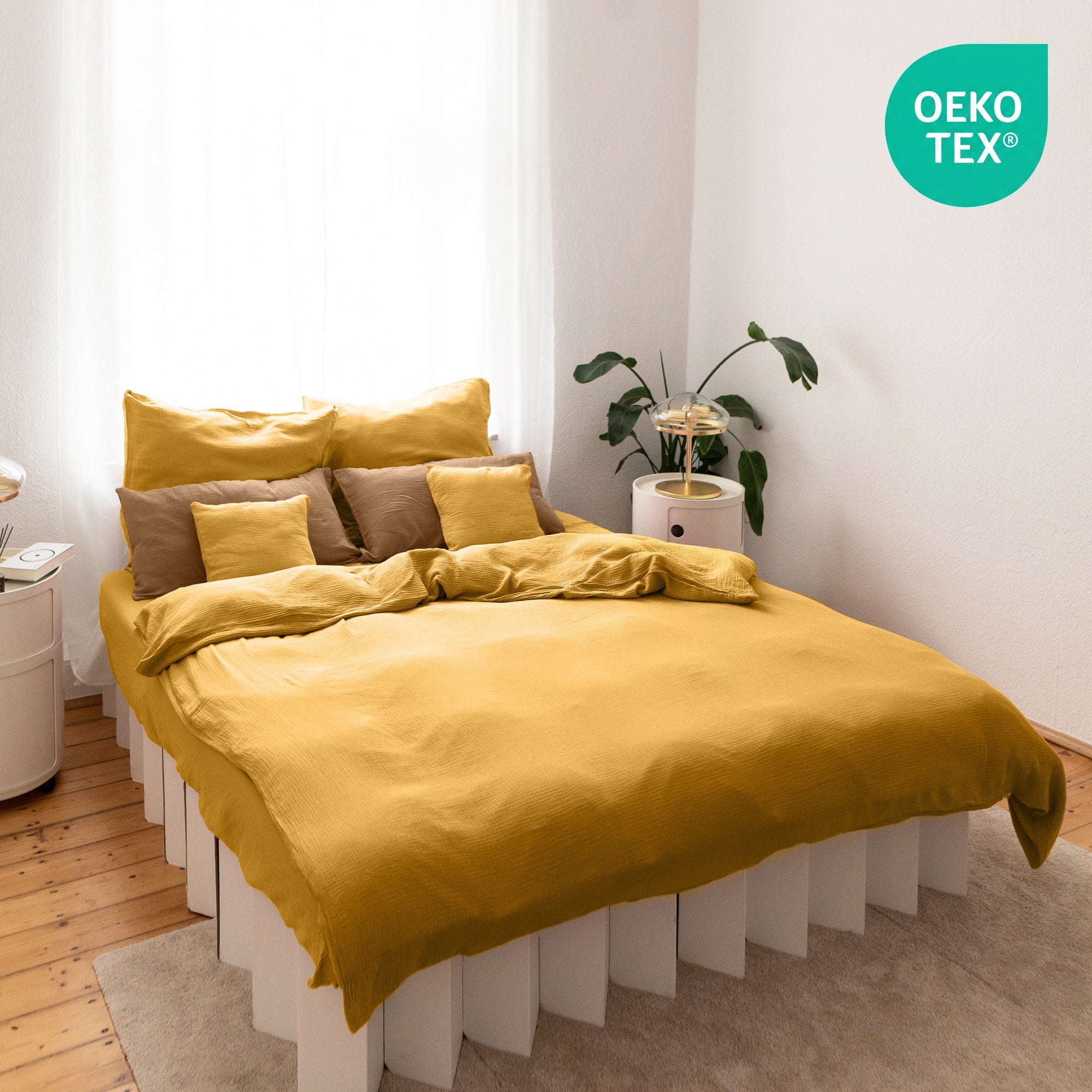 Senfgelb / 135x200cm + 1 Kissen 80x80cm 155x220cm + 1 Kissen 80x80cm 200x200cm + 2x Kissen 80x80cm 200x220cm + 2x Kissen 80x80cm 220x240cm + 2x Kissen 80x80cm